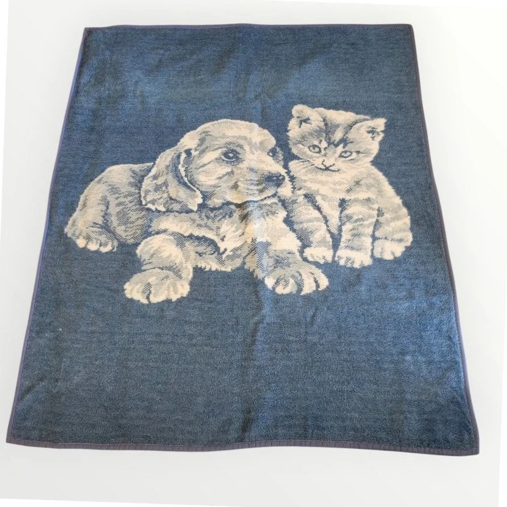 Vintage Ibena Blanket Blue Puppy Kitten Reversible Cottagecore Appx. 60x73
